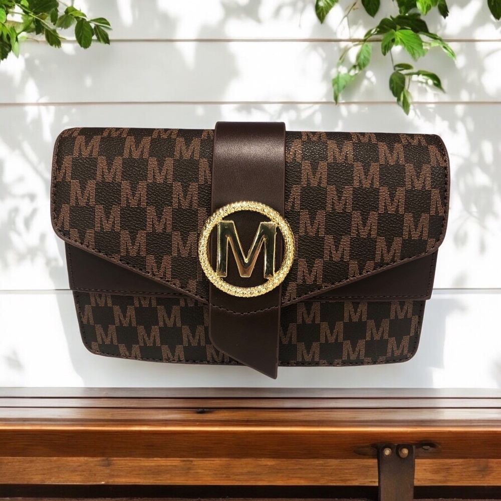 Brown Monogram Crossbody Bag with Gold 'M' Accent